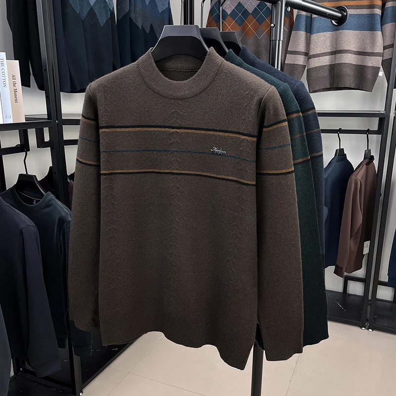 

High-end Wool Sweater for Men, Round-neck Striped Knitted Shirt, Warm Base Shirt for Autumn and Winter, Sweater for Men, Dad