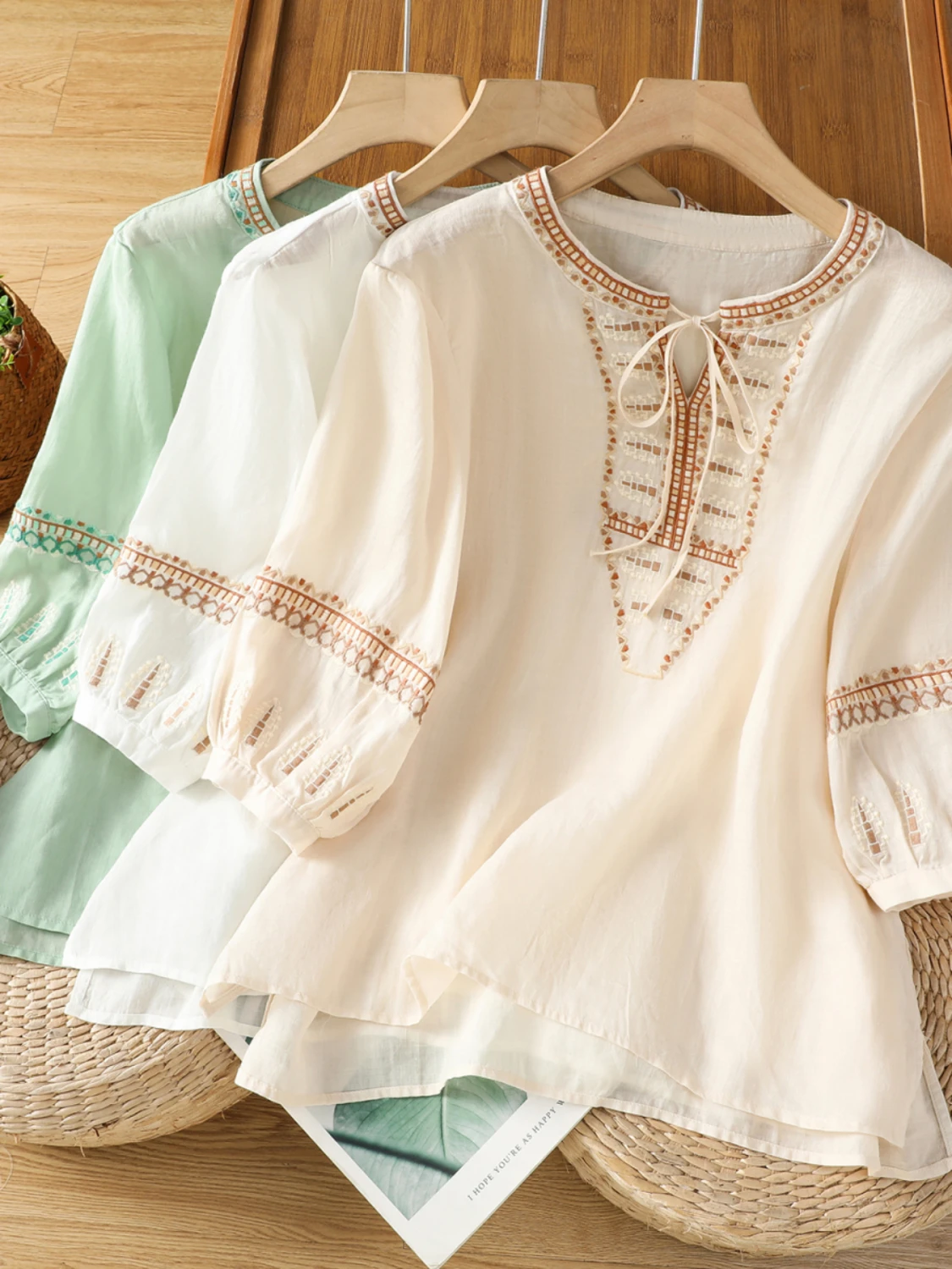 

Льняная одежда большого размера в стиле ретро с этнической вышивкой, женская одежда с поясом V-Ne, топ Irt Five-Quarter Sve Top