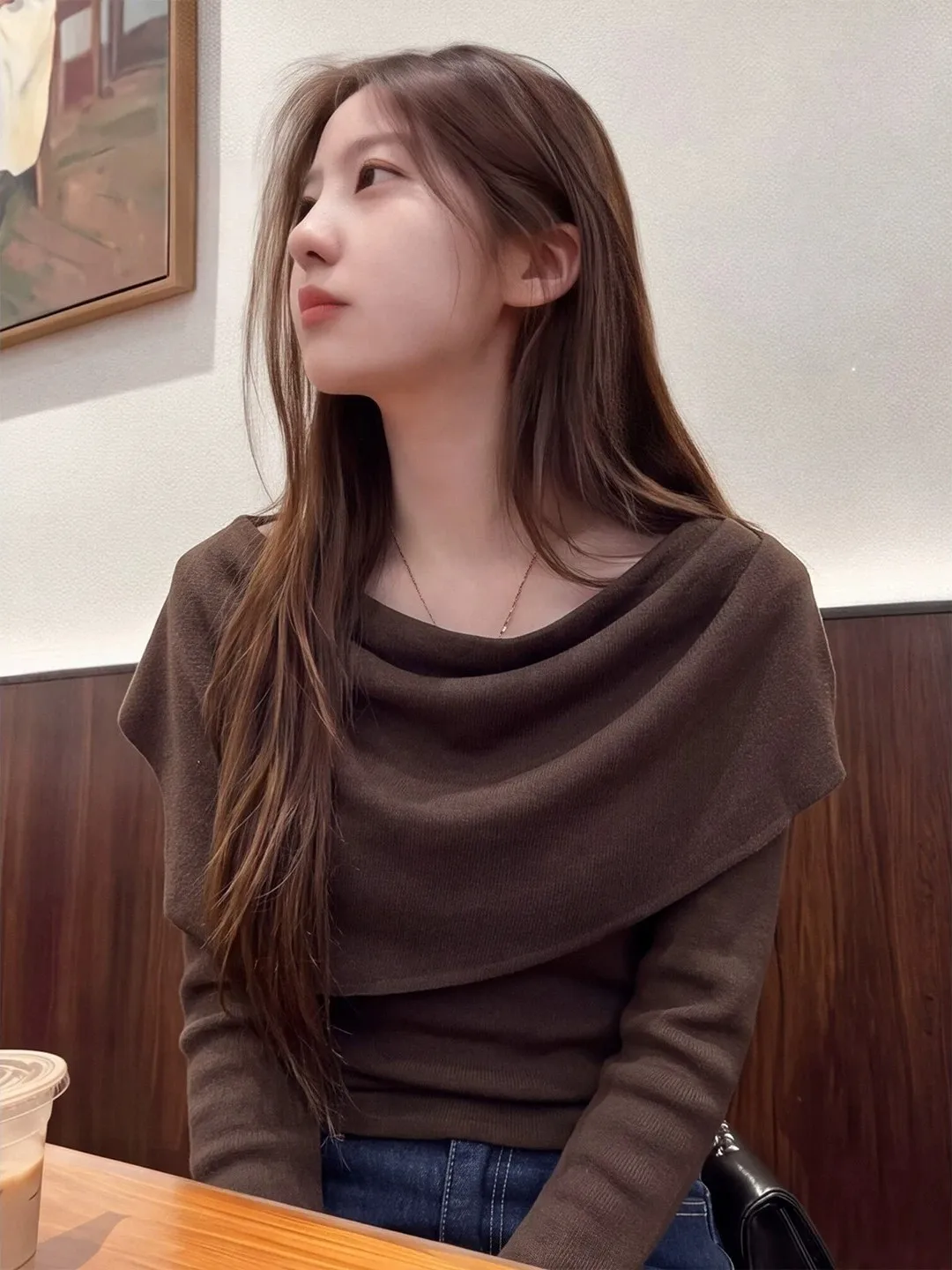 Large Size Deep Brown Long Sleeve Knitted Sweater with Shawl Women Early Autumn New Gentle Style Layering Base Shirt Top