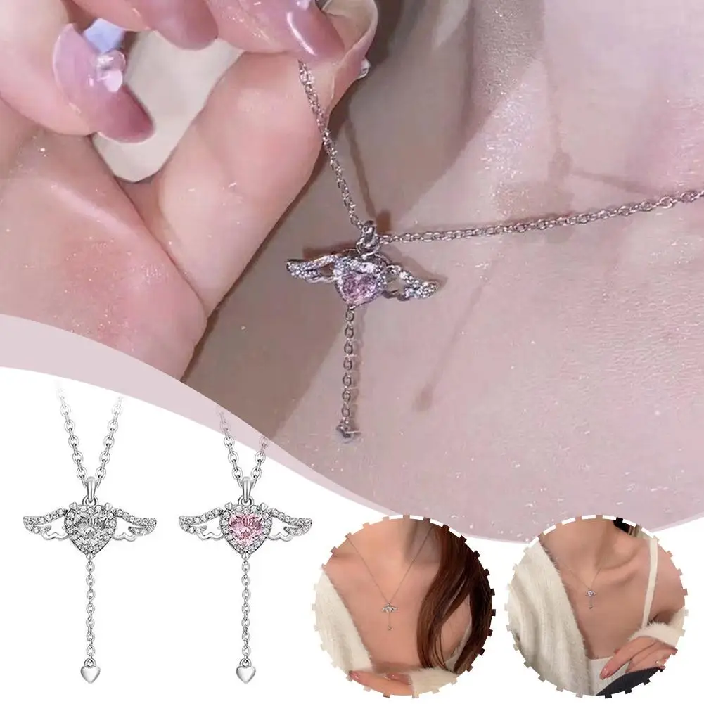 Crystal Angel Wings Heart Pendant Necklaces Ladies White 2024 Simple Elegant Necklace Love Jewelry Women Girl Pink Zircon Q8v7