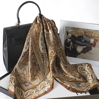 עיצוב טלית צוואר 2024 צעיף מרובע משי לנשים חיג'אב הדפס פרחים סאטן תיק יד צעיף גברת בנדנה