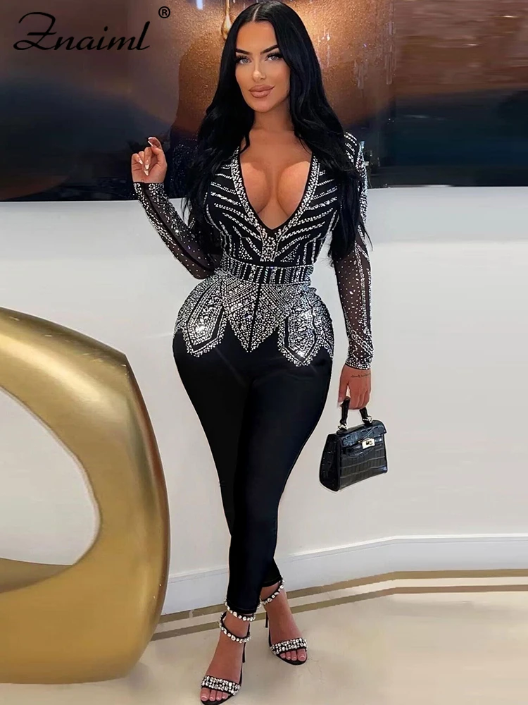 Znaiml Luxury Deep V-neck Mesh Long Sleeve Night Club Party Romper Birthday Outfits Women Sparkly Diamonds Rhinestone Jumpsuit