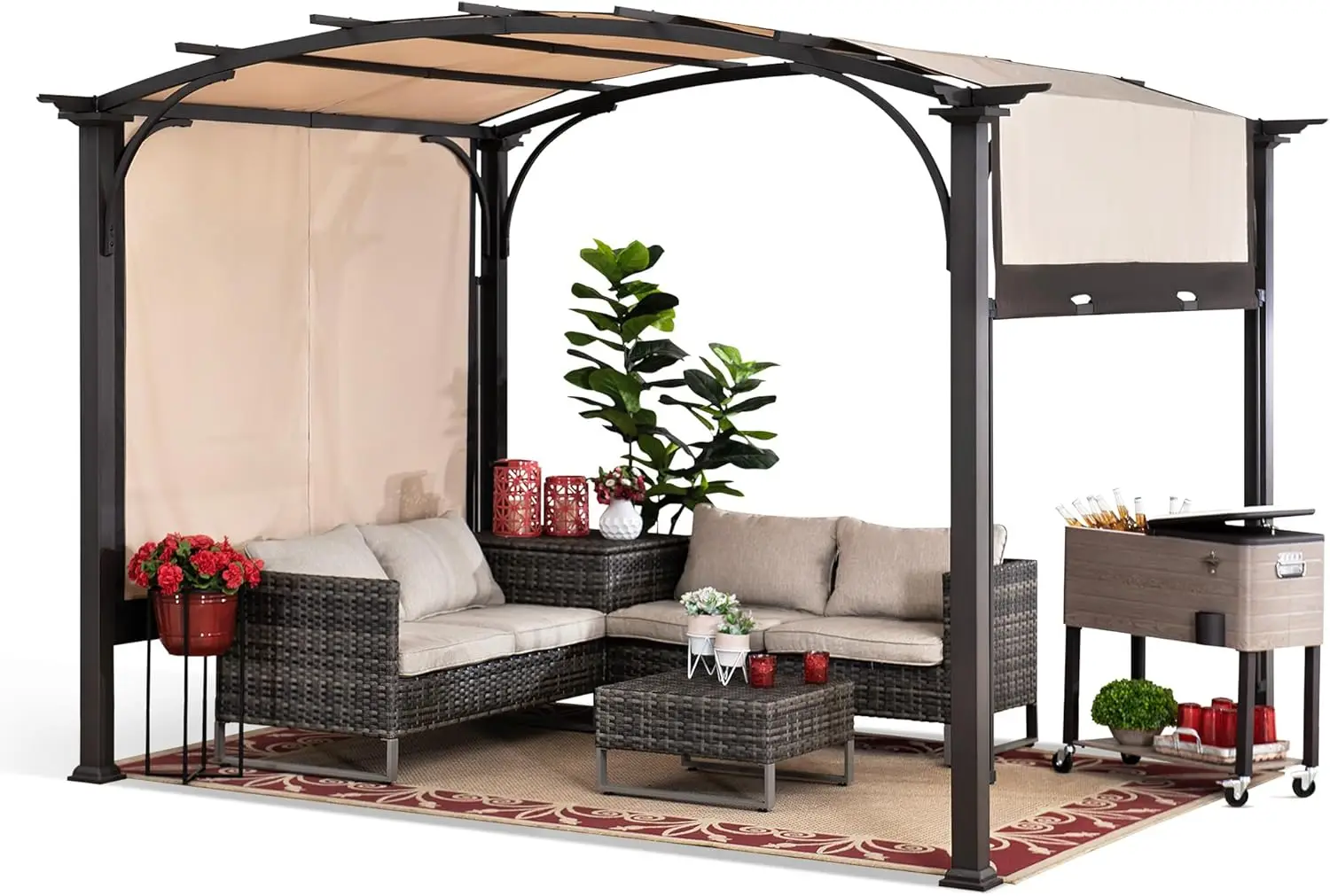 

Outdoor Pergola 9.5 x 11 ft. Steel Arched Pergola with Adjustable Canopy for Patio Backyard and Garden Activities Tan & Brown