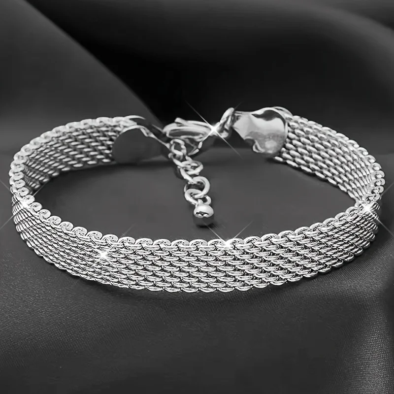 

Charms Nice Chain 925 Sterling Silver Mesh Braided Design Sparkling Bracelet For Women Party Jewelry Couple Gifts