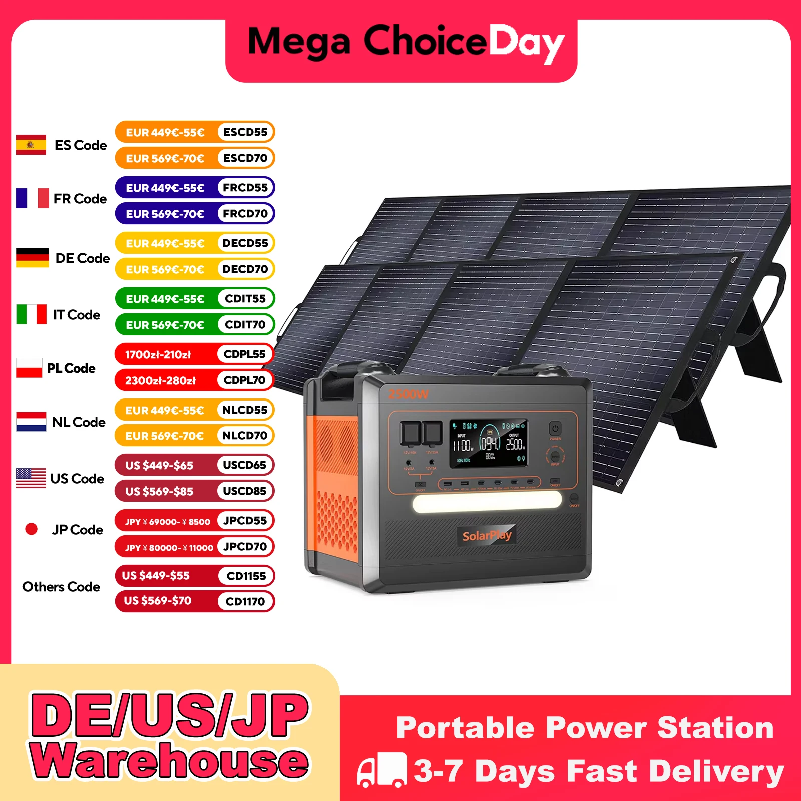 SOLARPLAY Q2402M مولد الطاقة الشمسية 2500 واط 220 فولت الاتحاد الأوروبي محطة الطاقة مع 18 فولت 200 واط بطارية لوحة طاقة شمسية قابلة للطي مجموعة كاملة النظام