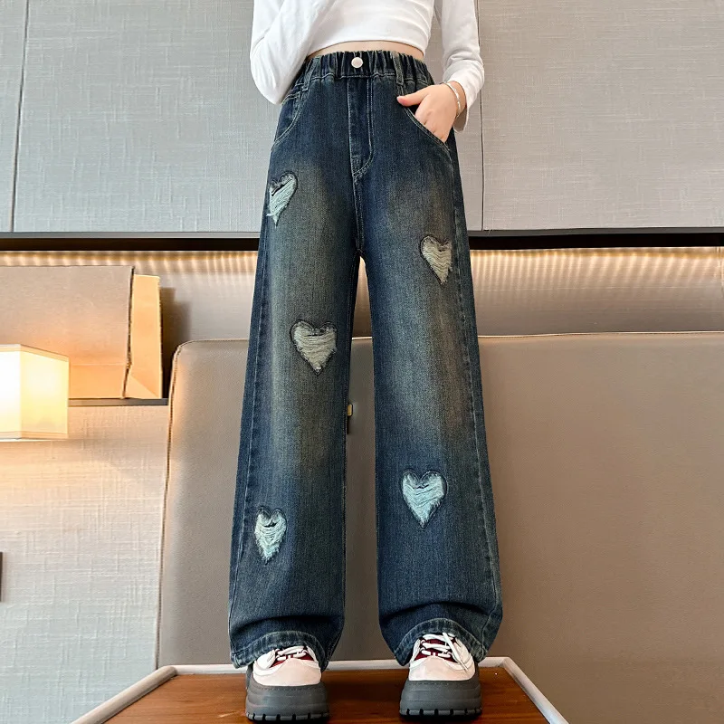 Teen Girl Black Jeans 2024 Pop Street Trendy Hole Broken Ripped heart Straight Narrow Loose Wide Leg Pants junir kids trousers