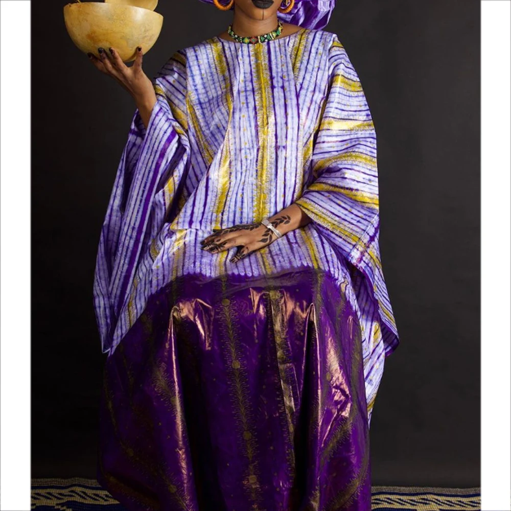 

Purple Ramadan Women Party Dashiki Robe Boubou Printed Soft Cotton Brocade African Ankara Long Dresses With Scarf Women Clothes
