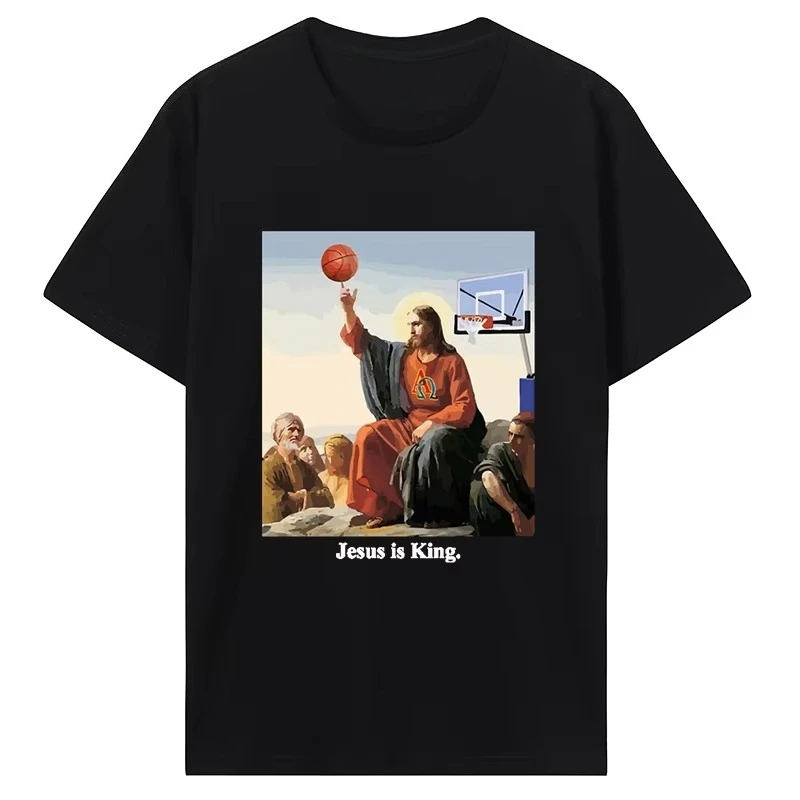 Funny Jesus Finger Turn Basketball Graphic Tee Christian Religious Easter Cotton Classic Casual Short Sleeve Streetwear Tops