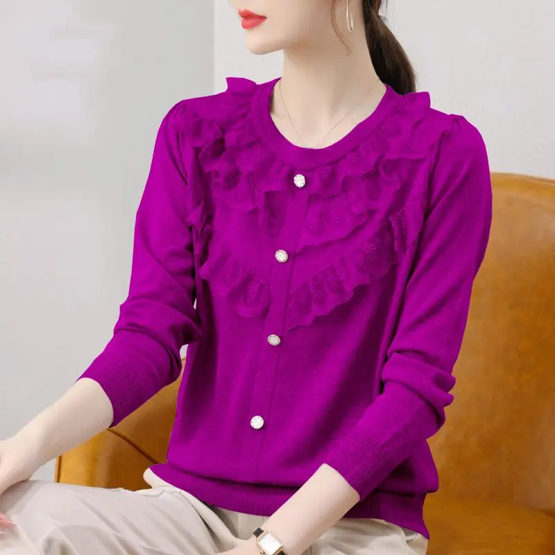 2023 Autumn/Winter New Round Neck Fashion Lace Lace Sweater Korean Loose Pullover Long Sleeve Office Lady Wild Solid Slim Knit