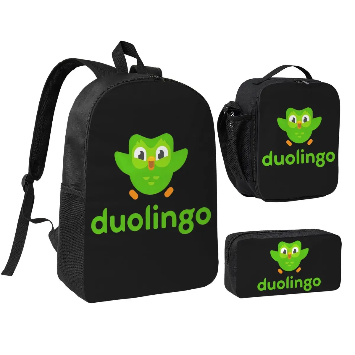 Duolingo Duo 3pcs/set Ransel untuk Siswa Owl High School Daypack Tas Makan Siang Kotak Pensil