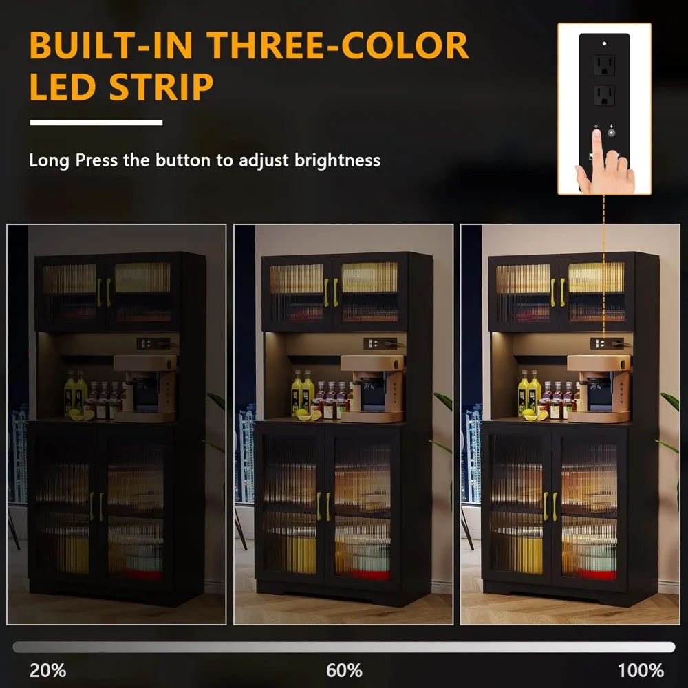 with Charging Station, Sockets & USB Ports, Kitchen Pantry Cabinet, Buffet Sideboard, Microwave Cabinet with Top