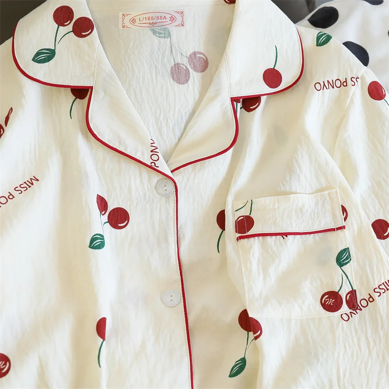 Cherries Print Two Pieces Pajamas Set Autumn Faux Cotton Pajamas Korean Fashion Home Clothes Ladies Pants and Top Set Pijamas image 5