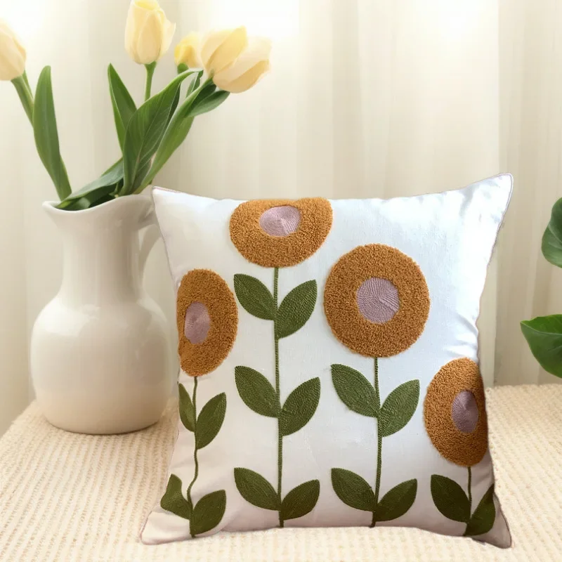 High Quality Towel Embroidered Cotton Flower Embroidered Cushion Cover Home Fabric Bedside Soft Bag Sofa Decorative Pillow Case