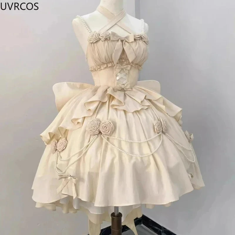 

3.a;6\m/Retro Victorian Lolita Elegant Women Sweet Bow Pearl Chain Ruffles Rose Flower Dresses Kawaii Gradient Pink Pring;8'l/7,