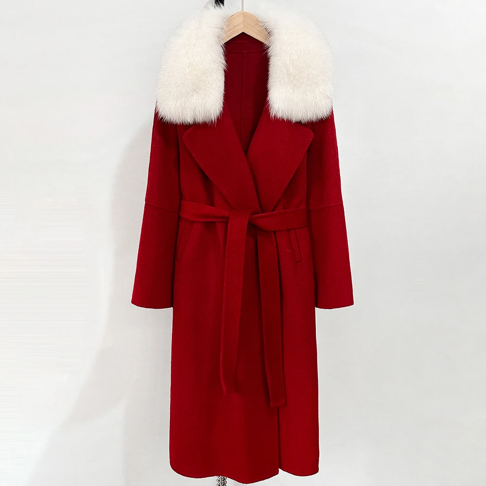 OFYBUY Modischer Warmer Wollmantel mit Echtfuchspelzkragen, Neue Herbst-Winter-Langkleidung für Damen, Eleganter Wollmantel mit Gürtel für Frauen – Detail 20