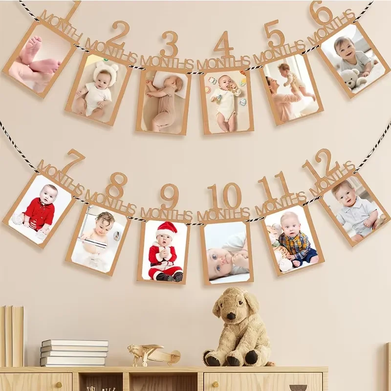 Decoración de Cumpleaños para Bebé, Banner de Fotos de 12 Meses, Guirnalda de Papel Kraft para Niño o Niña, Primer Cumpleaños, Decoración DIY para Fiesta
