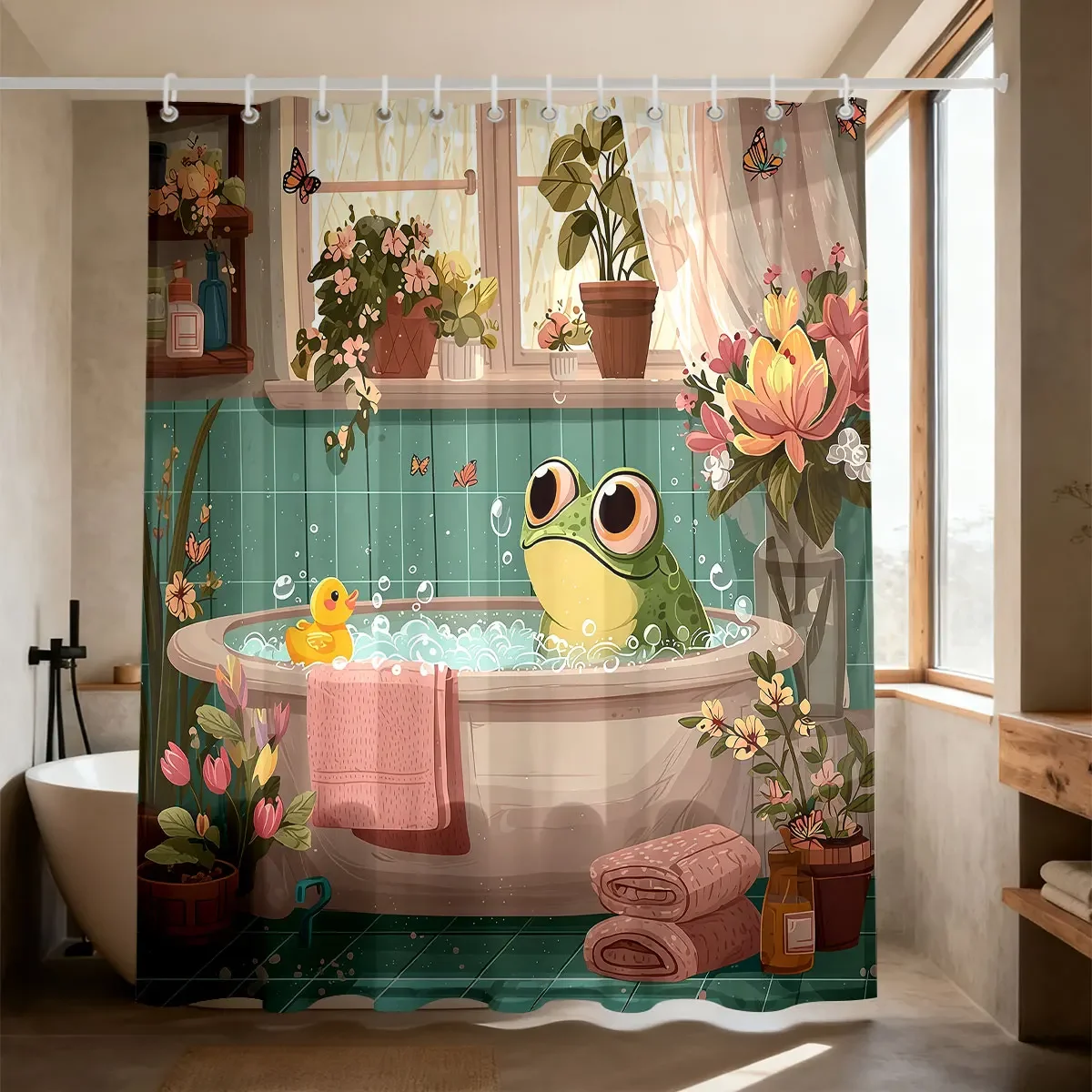 1pc Cute Cartoon Frog Printed Waterproof Shower Curtain Partition Privacy Hanging Curtain, 12 Hooks, Multiple Sizes