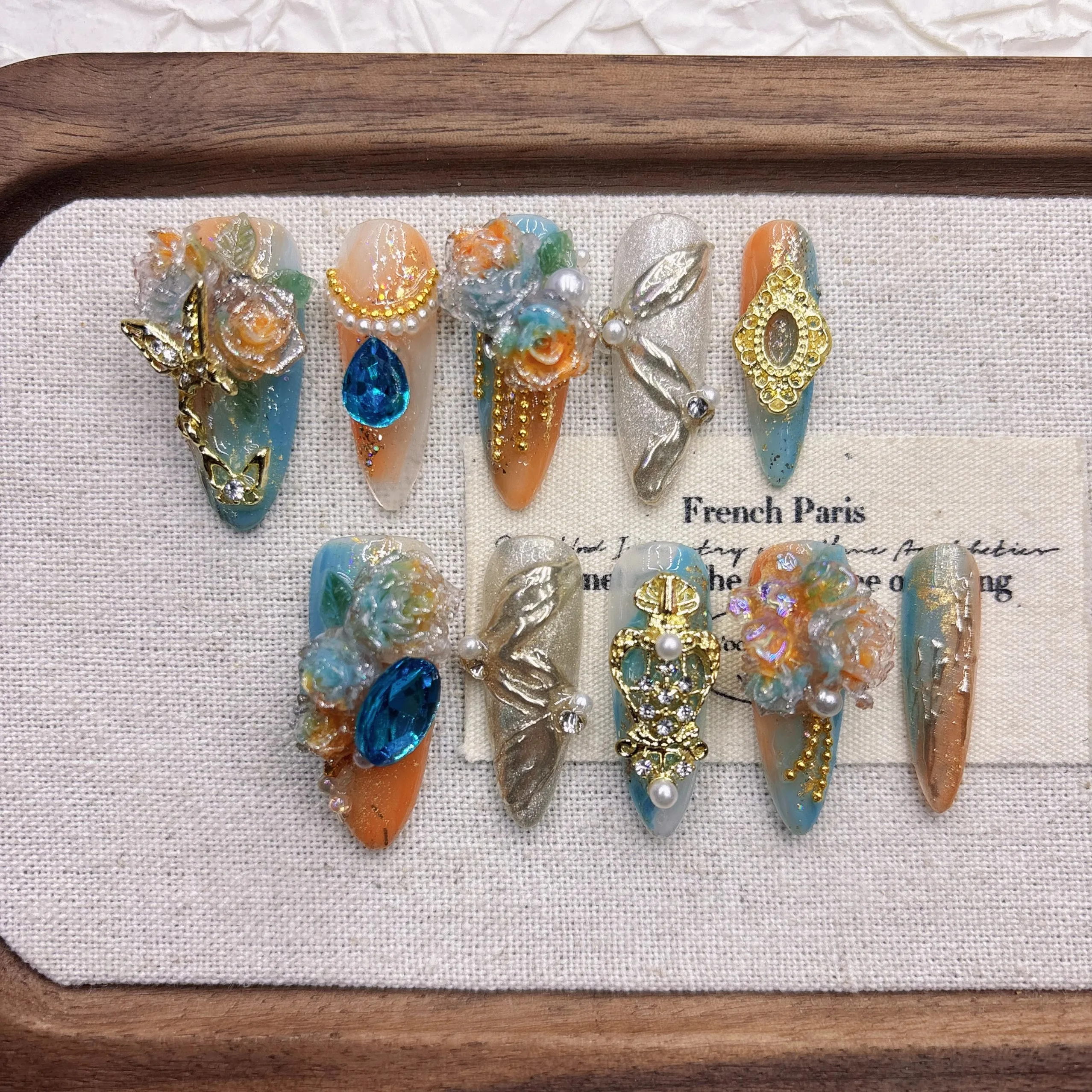 Elegant Floral False Nails-Romantic Spring Design with Butterfly Metal Decor&Sparkling Gems Safe Non-Toxic Glue-On Nail Tips