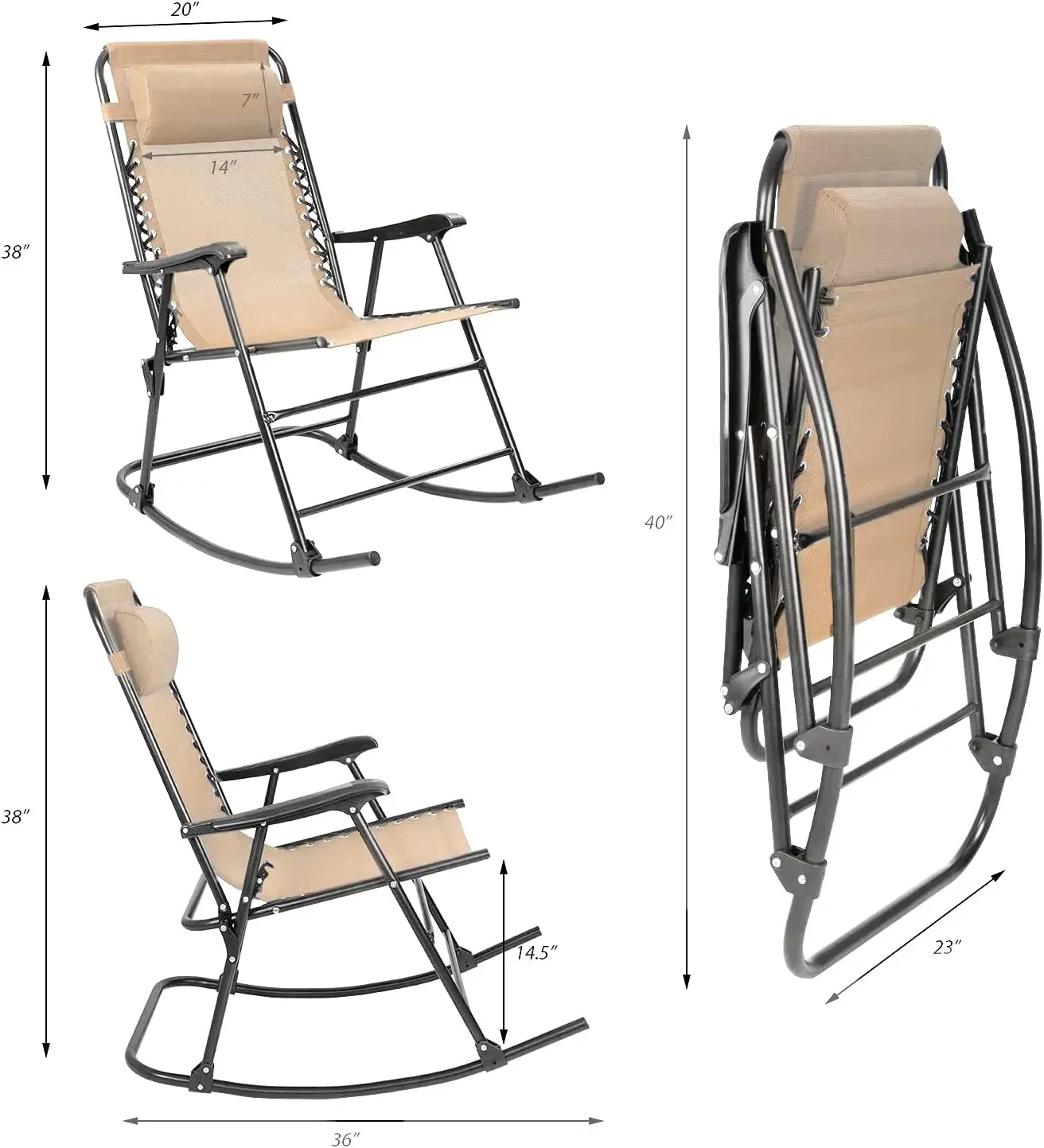 Mecedora de gravedad cero para Patio, silla reclinable ancha para exteriores, para césped, playa, Camping, junto a la piscina con almohada para reposacabezas (Beige)