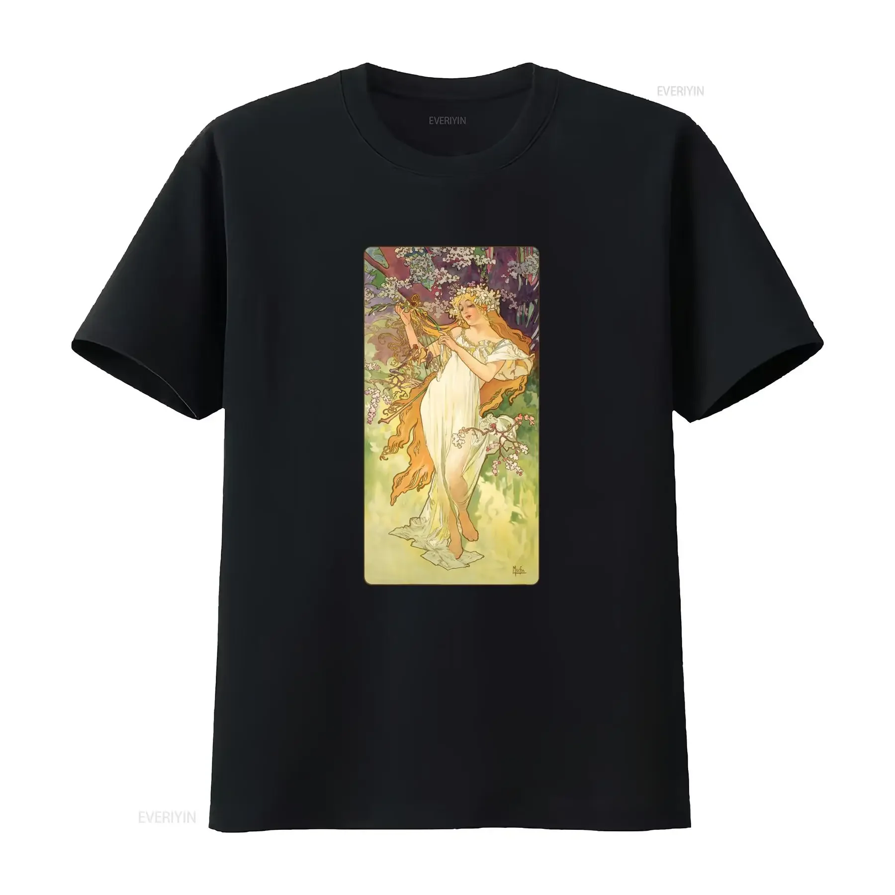 Alphonse Mucha Spring Art Nouveau T Shirt Vintage Print Four Seasons Design vintage Washed streetwear Stretched Versatile