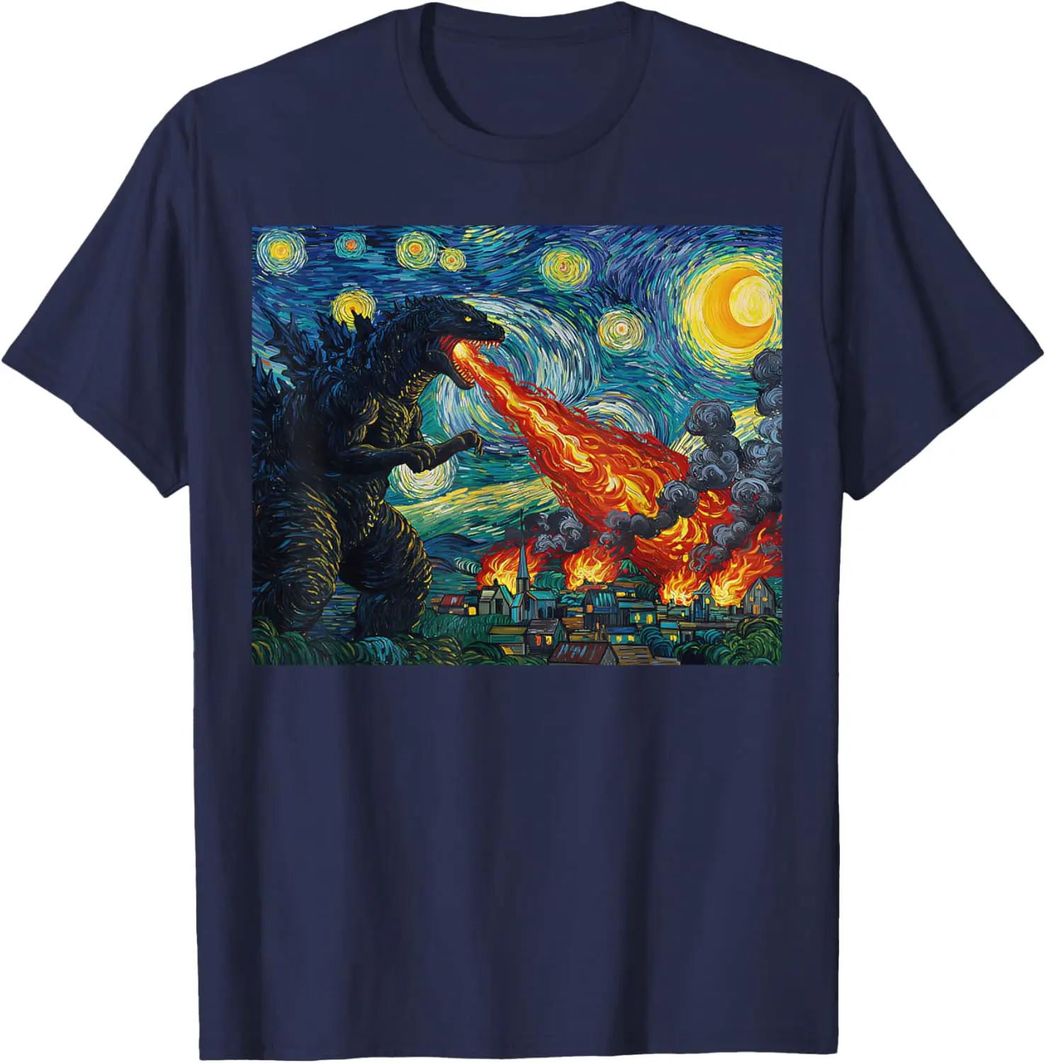 Funny Art Japanese Monster Kaiju in Van Gogh Starry Night T-Shirt S-6XL