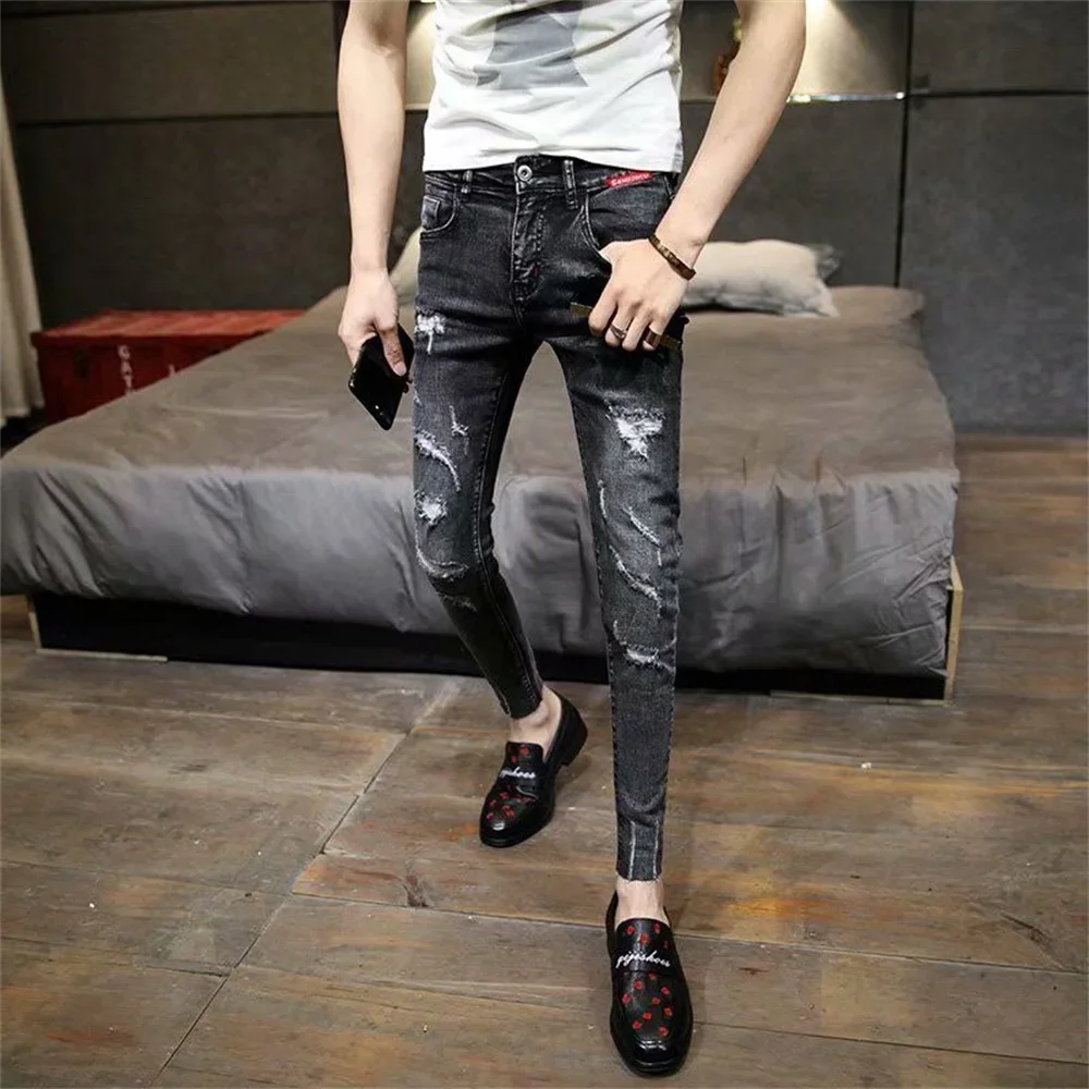 Ripped Fashion Mens Jeans Streetwear Male Straight Jeans Trend Casual Pants Men Clothing Classic Style Elasticity Denim Trousers