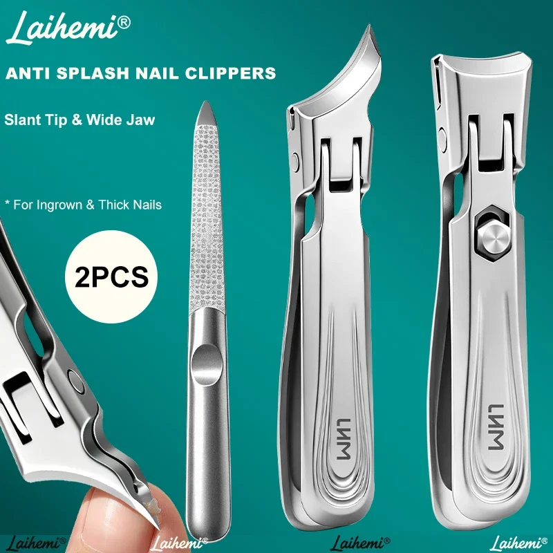 Laihemi 2Pcs Anti-Splash Ingrown Toenail Clippers 25° Angled Stainless Steel Nail Trimmer with Nail File for Thick Hard Nails