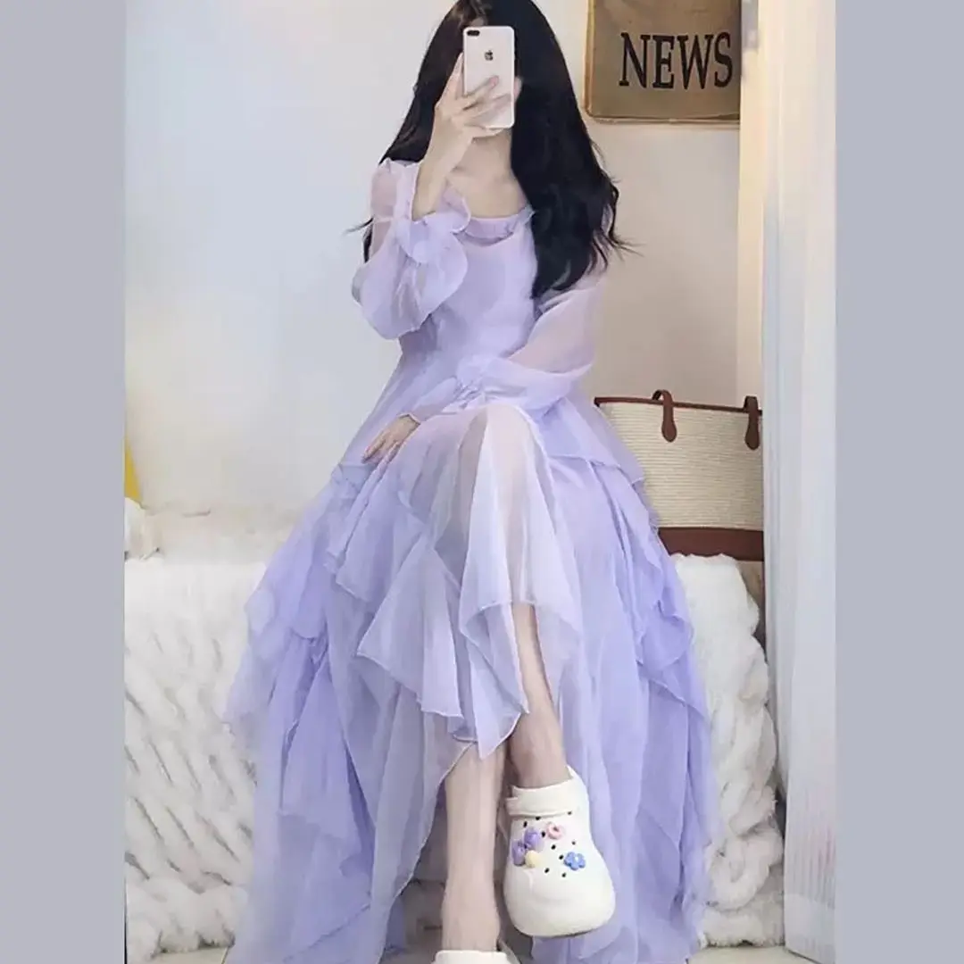 الفرنسية الهروب الأميرة نمط التدرج الأرجواني فستان طويل أنيق فراشة الجنية ألف خط تنورة البوليستر النسيج الصيف الربيع #2