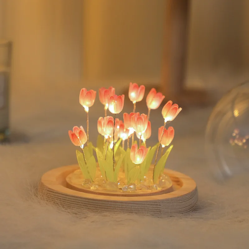 Tulip Flower Night Light com Tampa de Vidro Simulação, Abajur, Desktop Decor Ornamentos, Luz Ambiente, Holiday Gift, 10Pcs