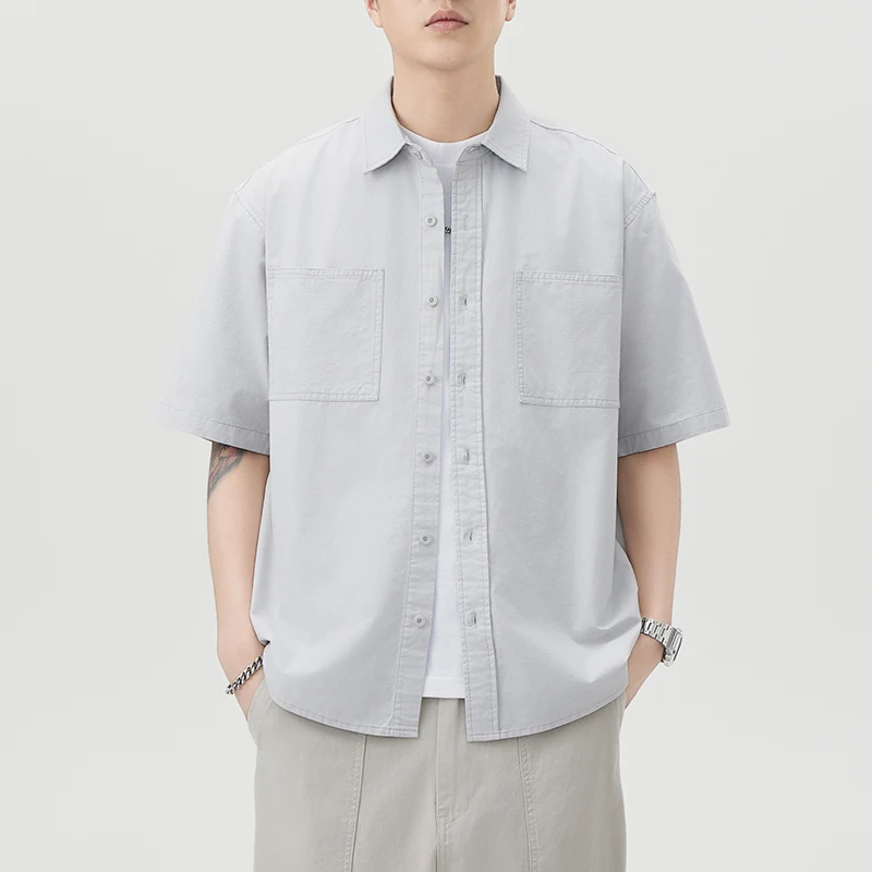 Men's casual short-sleeved youth pure-color shirt, breathable and versatile, loose-fitting pure cotton shirt
