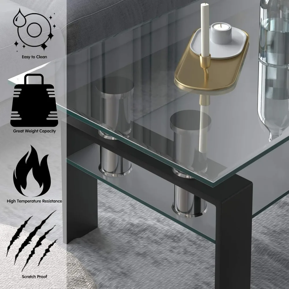 Rectangular Glass Coffee Table, Modern Side Coffee Table w/Lower Shelf, Tempered Glass Tabletop & Metal Legs