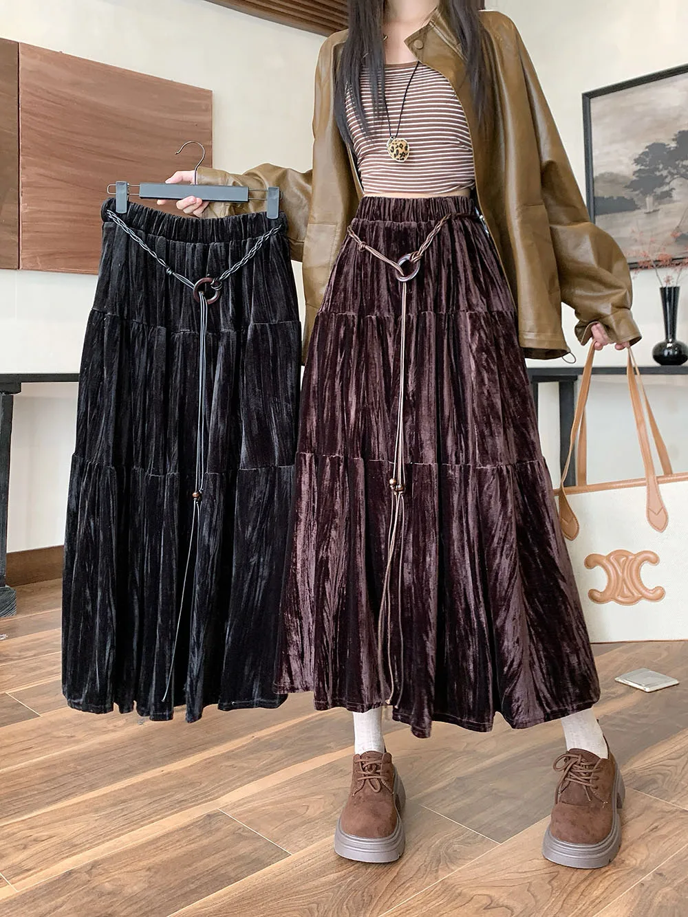 

Высококачественная плиссированная длинная юбка с поясом, женская винтажная вечерняя юбка трапециевидной формы, женская осенне-зимняя элегантная кофейная облегающая юбка Faldas