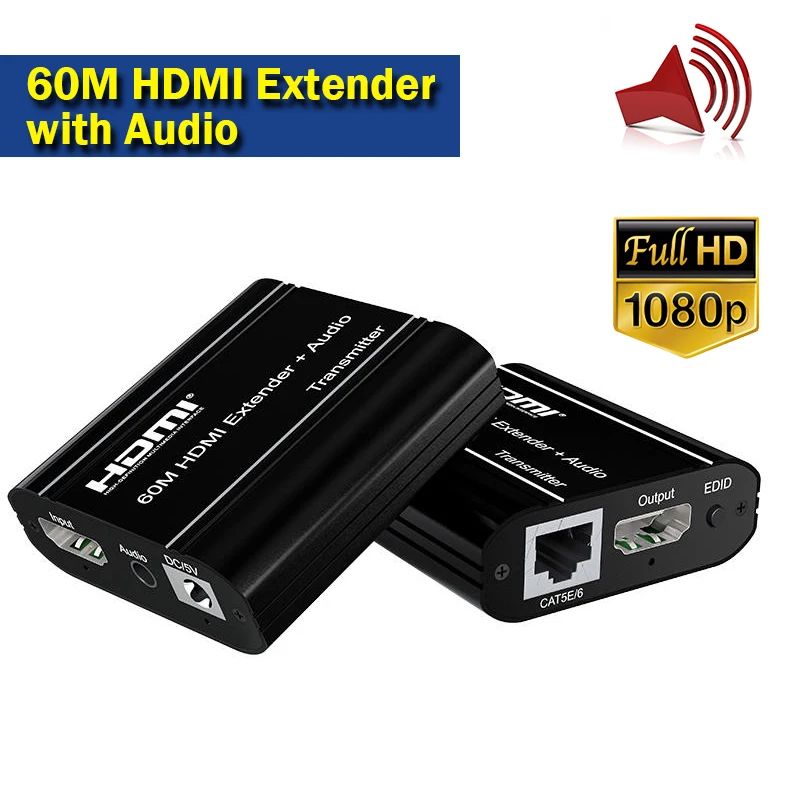 

60M HDMI Extender over CAT5e CAT6 Rj45 Cable 1080P@60Hz HDMI Ethernet Extender with Audio out Transmitter Receiver kit for PC TV