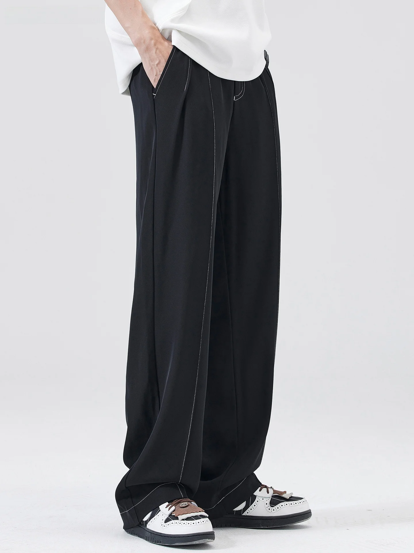 صيف جديد الأمريكية الرجعية الرجال عادية فضفاض مستقيم الساق واسعة الساق ثنى تخفيف السراويل الطويلة Faionable مستقيم قطع بنطلون