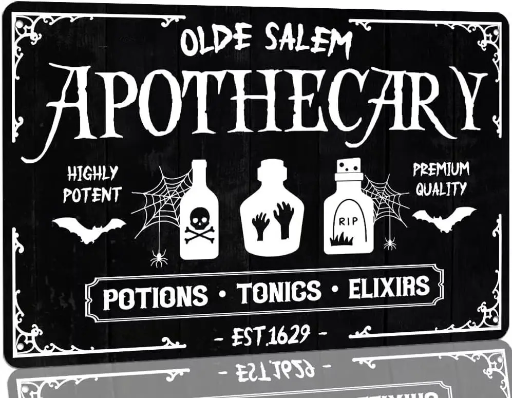 Vintage Halloween Metal Sign Olde Salem Apothecary Tin Sign Gothic Spooky Witch Potions Tonics Elixirs Decor Signs For Home Kitc