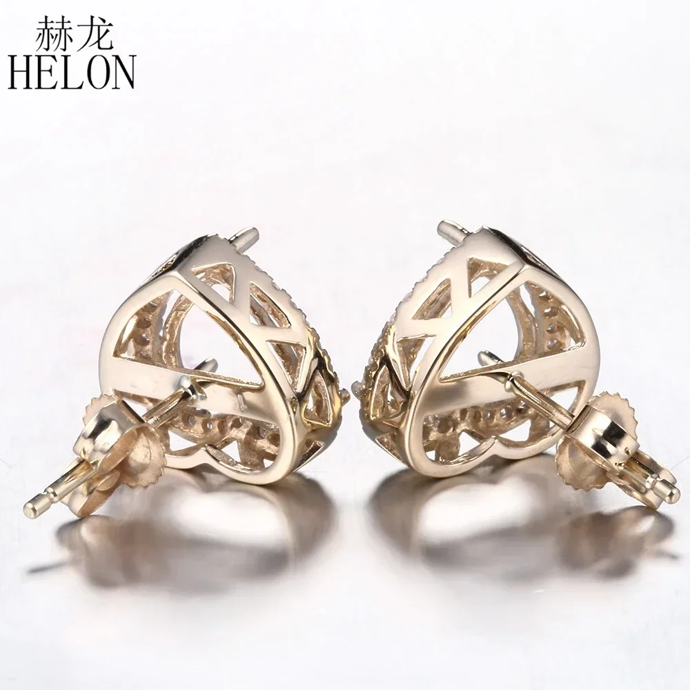 HELON 7-9mm Heart Solid 14K Yellow Gold 0.23ct Natural Diamonds Semi Mount Engagement Wedding Stud Earrings Women Trendy Jewelry