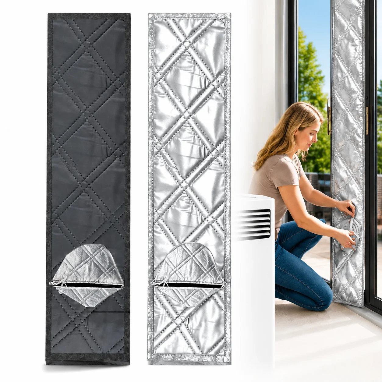 Padded Portable AC Window Seal Kit Silver Coated Sliding Window Vent Cloth Insulated Air Conditioner Exhaust Hose Seal