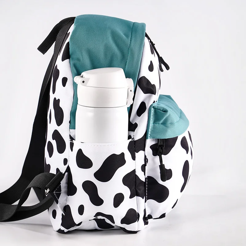 Women Mini Backpack Casual Cow Pattern Printing Daypack Small Green White Patchwork Shoulder Bag Teenage Girls Leisure Rucksack