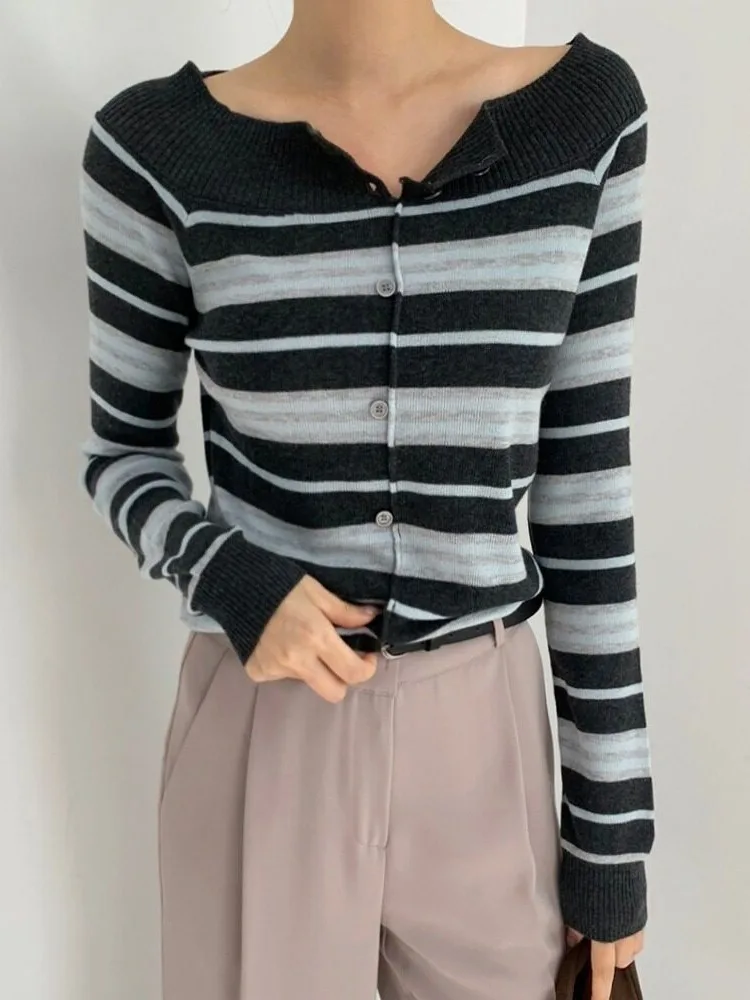 Striped One-Shoulder Color-Block Knitwear Women's Base Shirt Autumn New Korean Style Youthful Slimming Top Streetwear