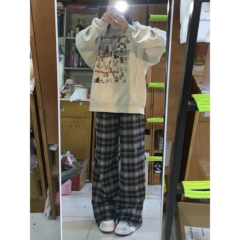 Women's Plaid Pants Fce Lined Loose Wide Leg Casual Versatile Slimming Small Stature Sweatpants High Waist Commute Sle