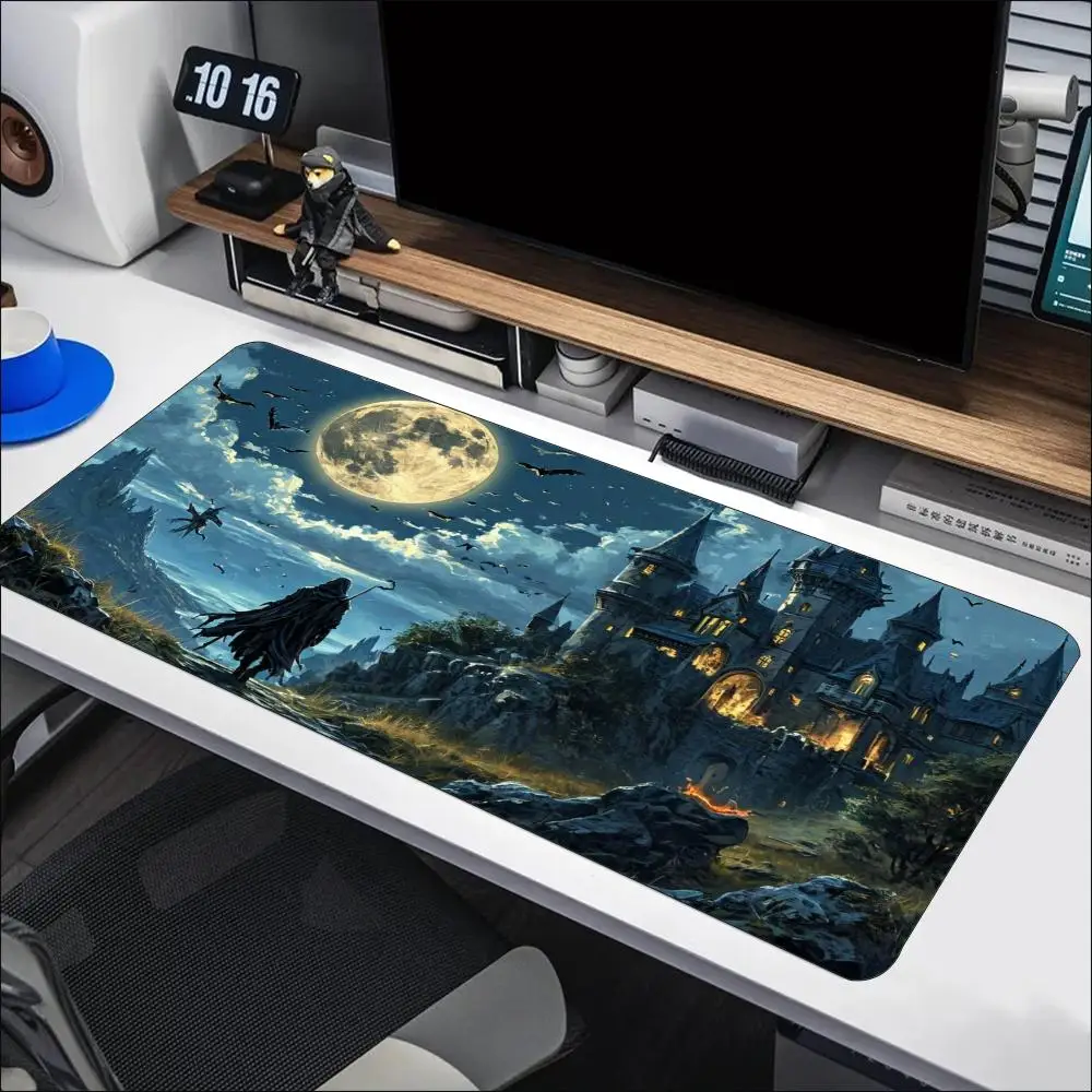 Dark Purple Castle Birds Gaming Mouse Pad Large Desk Mat Non Slip Rubber Base Stitched Edges Keyboard Mat Gamer Desktop Setup