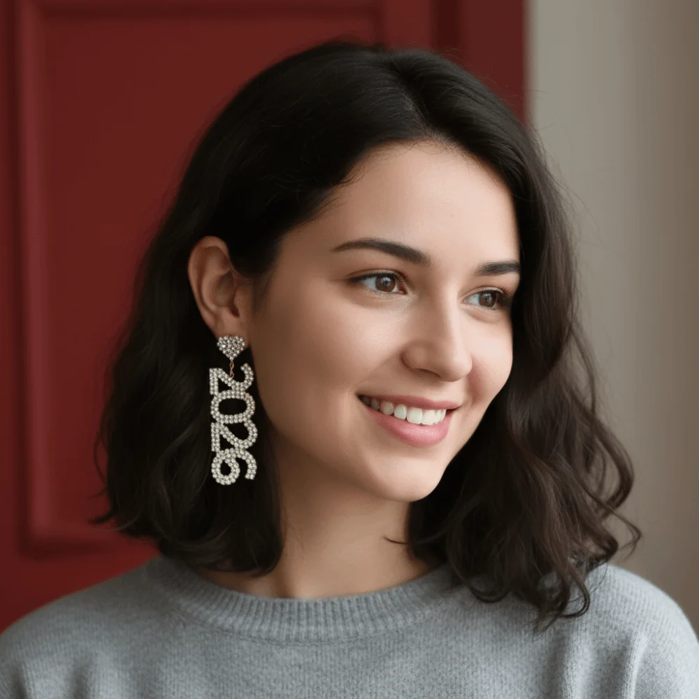 العصرية الجمالية 2026 وأقراط حجر الراين قطرة طويلة أقراط السنة الجديدة 2026 قلادة لامعة حجر الراين أقراط السنة الجديدة