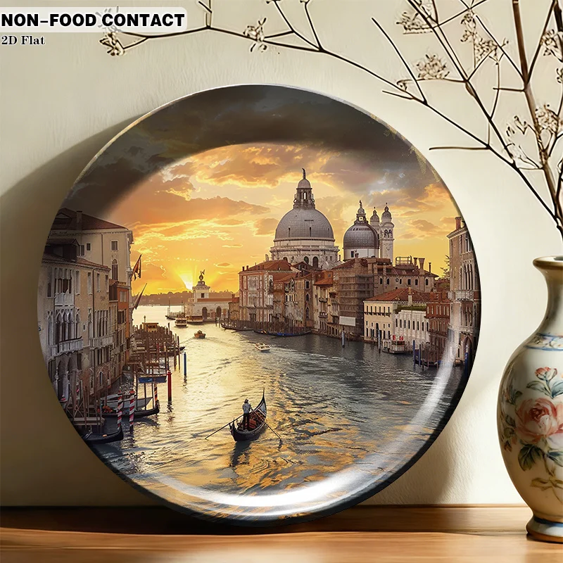 1pc Ceramic Decorative Plate, Golden Venice Canal Scene Art Decorations, (For Decorative Purposes Solely, NON-FOOD CONTACT) -