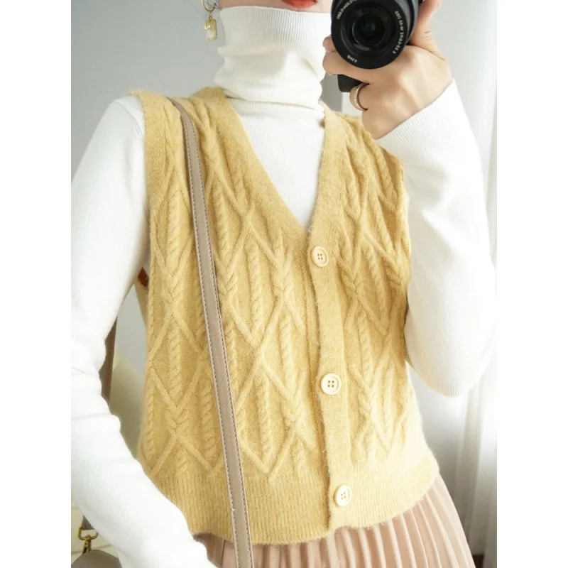 Woll Cardigan Weste 2023 Frühling Damen Strickweste lose V-Ausschnitt All-Matching Oberbekleidung Pullover Weste