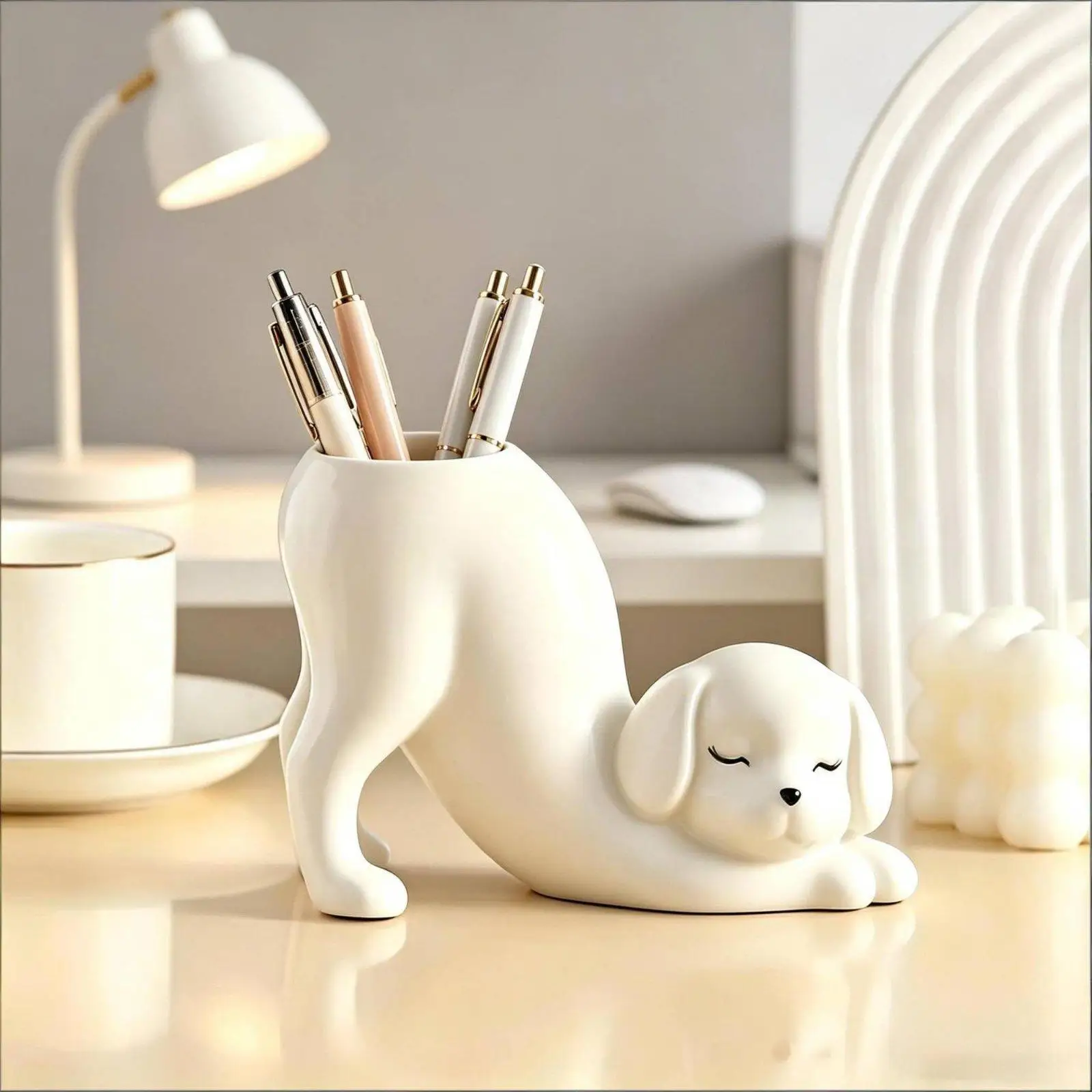 Desk Organizer Sleeping Dog Pen Cup White Resin Pencil Holder Cute Puppy Figurine Minimalist Storage for Work Home Study Room