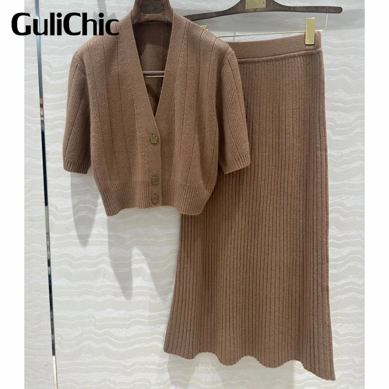 8.27 GuliChic Women Fashion Metal Single Breasted V-Neck Short Sleeve Cardigan + Elastic Skirt Temperament Cashmere Knit Set