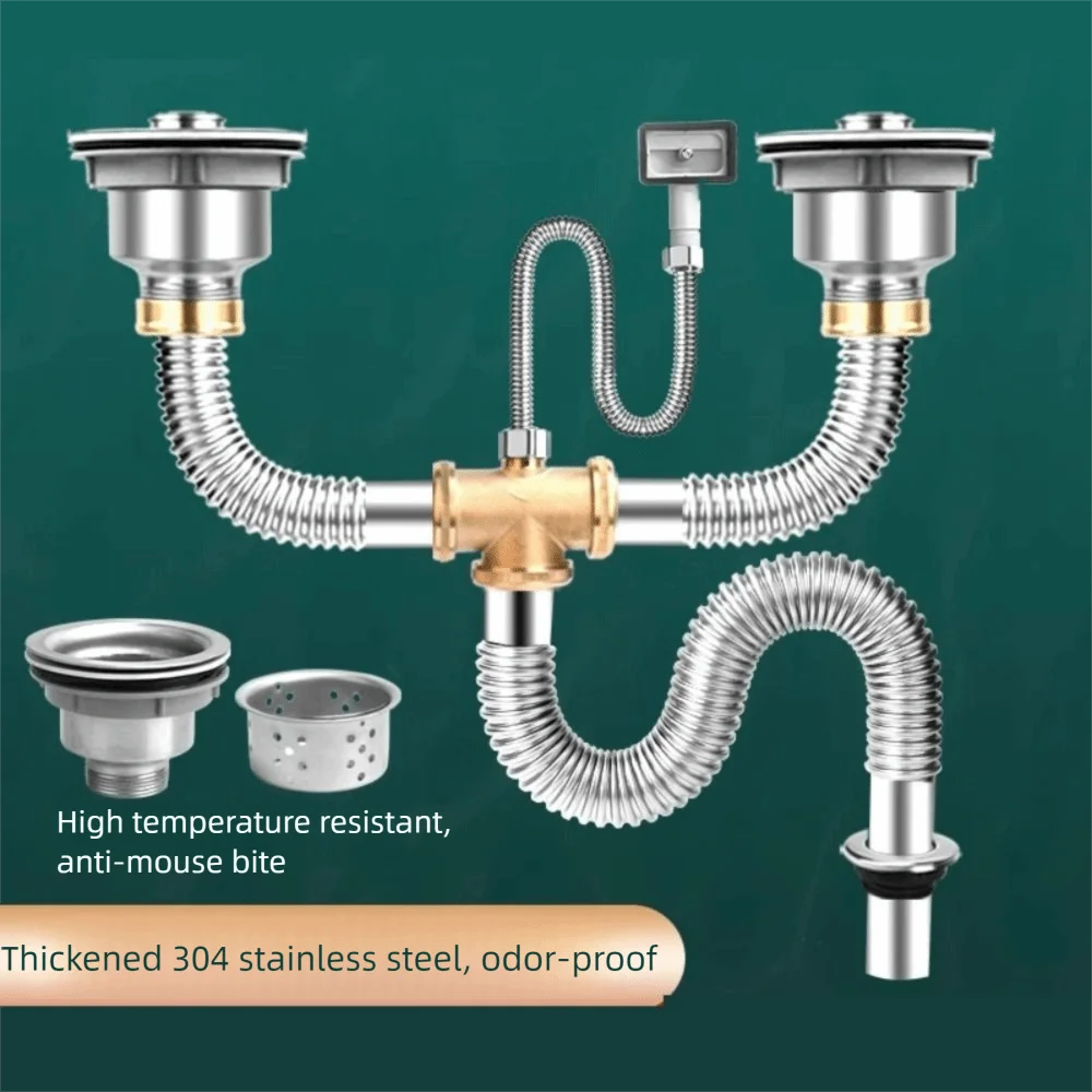 

Stainless Steel Sink Drain Pipe Set Single/Double Bowl Space Saving Sewer Replacement Pipe Easy Install Anti Clogging
