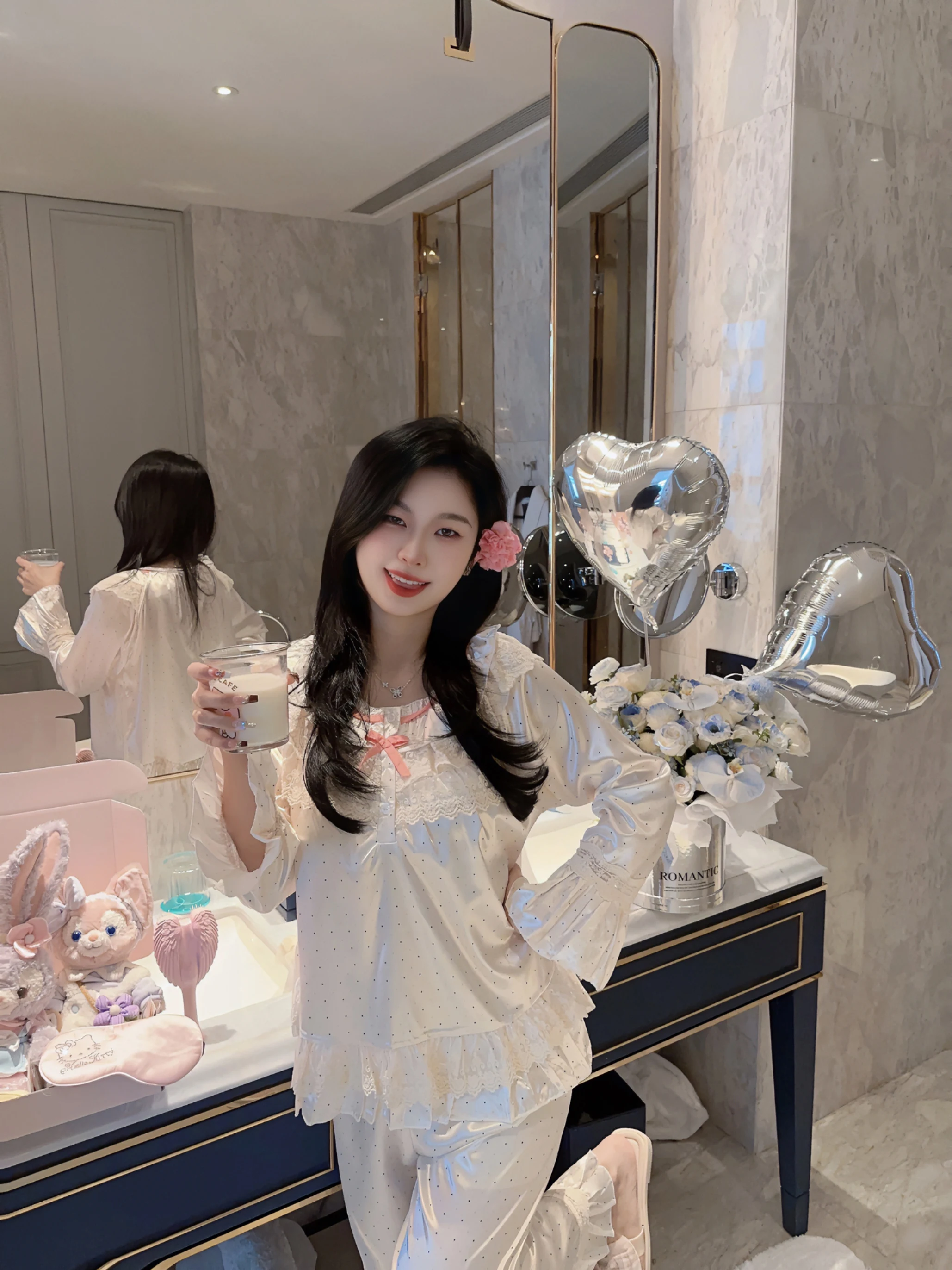 Spring Autumn New Sweet Japanese Polka Dot Printing Cute Girl Ice Silk Pajamas Skin-friendly Cool Casual Lace Outdoor Loungewear