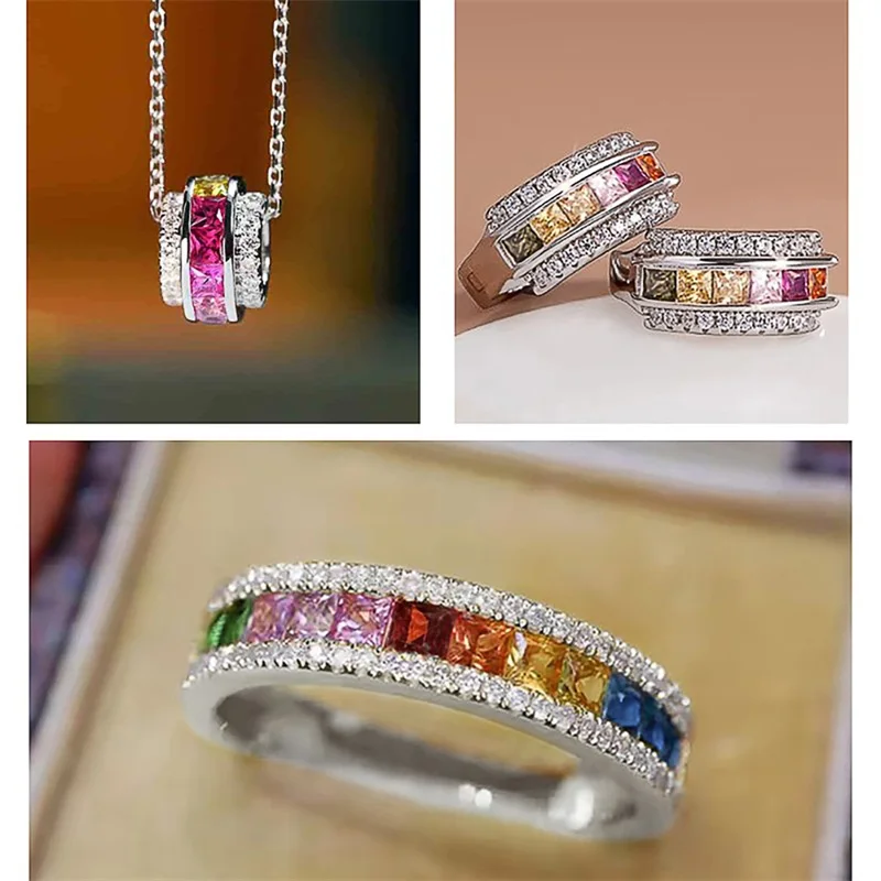3pc Colorful CZ Pendant Necklace & Hoop Earrings Set for Women