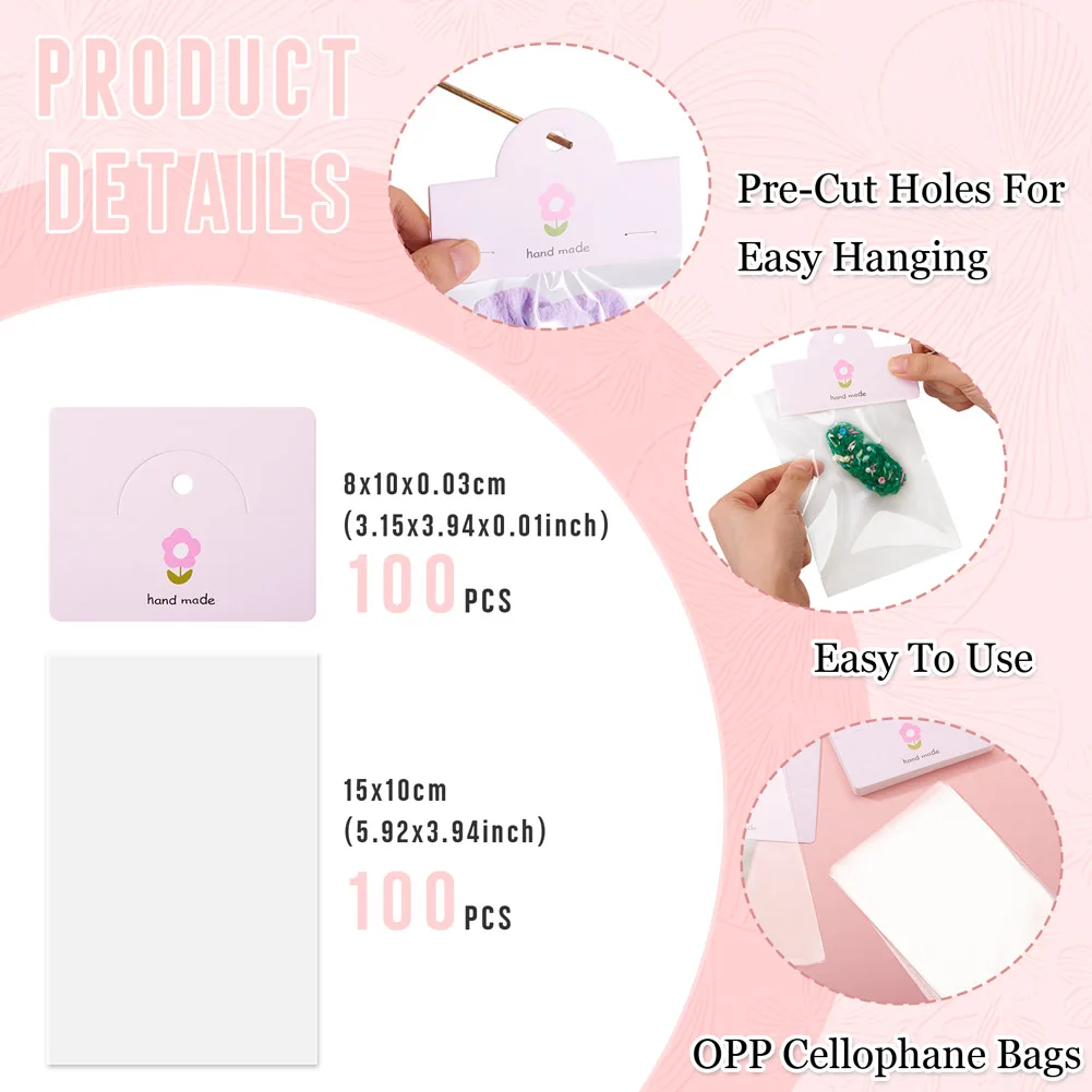 100pcs Rectangle Paper Foldable Header Cards Set with Clear OPP Cellophane Bags Flower/Bear/Words DIY Jewelry Storage Packaging